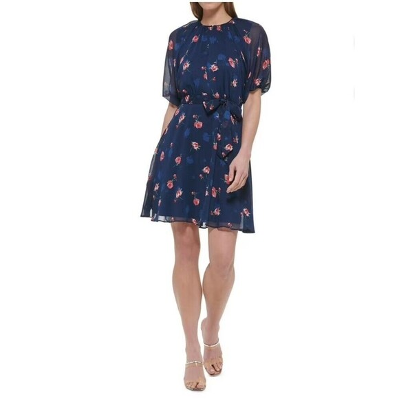 New DKNY Women's (12) Blue and Pink Floral Print Chiffon Fit & Flare Dress $134 - Picture 2 of 12